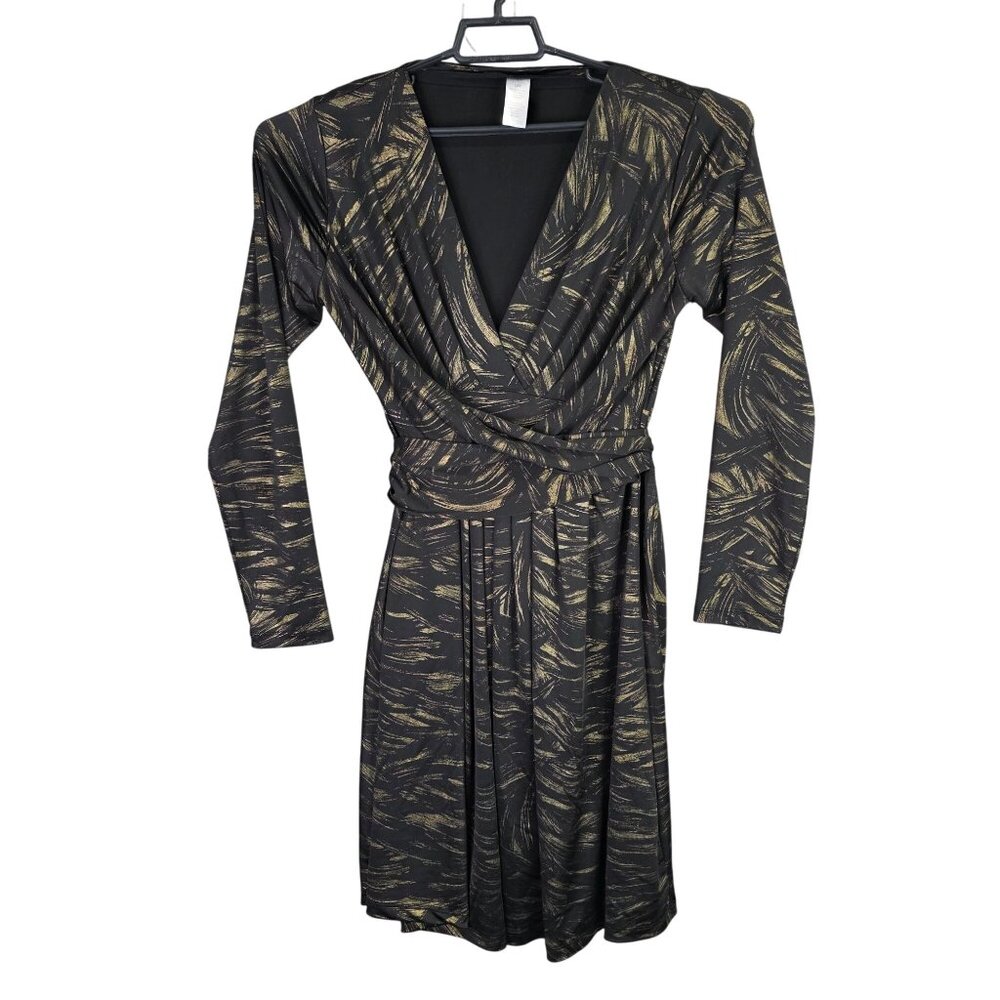 Womens Black & Gold Faux Wrap Dress Long Sleeve Tie-Back Waist Polyester Size L